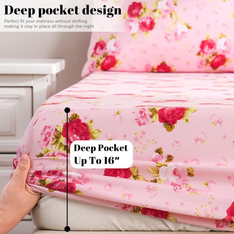 Bedlifes Full Sheet Set Ultra Soft, Breathable, Silky Flower Deep Pocket 100% Microfiber Bedding, 4 Piece Full Size Pink Floral(Red Rose) - Image 5